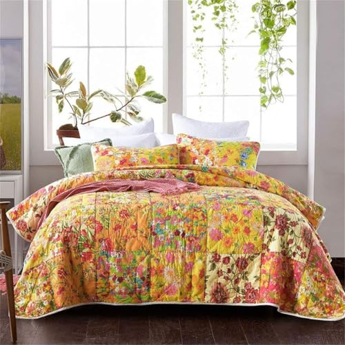 Colcha Acolchada De Algodón De 3 Piezas Patchwork Hecho A Mano Edredones Con Estampado De Flores De Estilo Americano Cubrecamas Tamaño Super King 240x270cm Con 2 Fundas De Almohada Colchas Acogedoras