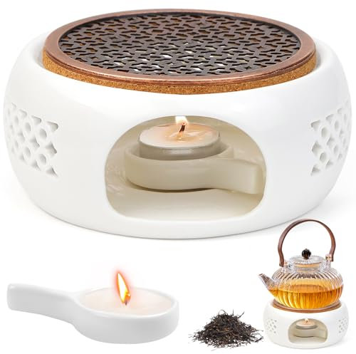 BHHTBB Calientaplatos para tetera de cerámica, calentador de té, calentador de té, calentador de té, calentador de té, calentador de té de cerámica, color blanco, 15 cm de diámetro, con alfombrilla de