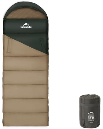 Naturehike Saco de dormir con capucha para camping, ligero y cómodo, ideal para aventuras al aire libre y viajes (verde oscuro y marrón/derecha (8,5 – 4 °C))