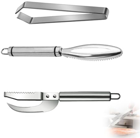 Espátula Profesional para Pescado de Acero Inoxidable 304 – Set de 3 Piezas, 3 en 1, con Pinzas para la Eliminación de Escamas y Espinas de Pescado, Ideal para la Cocina,removedor escamas pescado