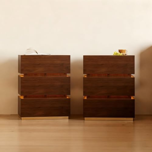 Homary Table de Chevet LED Lot de 2 avec Éclairage Réglable et Station de Recharge sans Fil, Bois MDF, Petit Meuble de Rangement pour Chambre Adulte (2, 3 Tiroirs: Noyer)