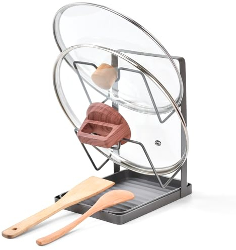LTFIOON Soporte Organizador para Tapas de Ollas, Organizador de Tapas de 2 Niveles con Bandeja Extraíble para Goteos – Acero al Carbono, Ahorra Espacio para 2 Tapas en la Encimera de la Cocina