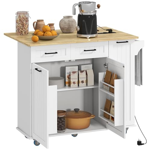 HOMCOM Isola Cucina con Ruote, Carrello Cucina con Stazione di Ricarica, Piano a Ribalta in Legno, Ripiani Regolabili, 2 Cassetti, Armadietto Estraibile, Portaspezie a Porta, Portasciugamani, Bianco