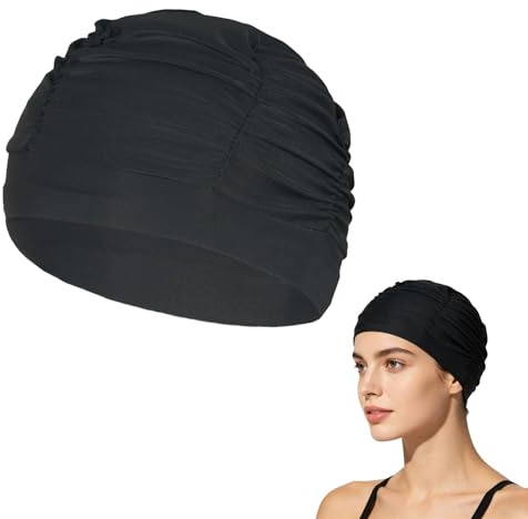 ARYIMYDP Gorro de Natación Mujer Pelo Largo, Elástico de Nylon con Protección para Orejas, Diseño Plisado Fácil de Poner y Quitar, para Piscina Playa Verano