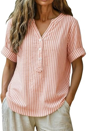 Camicia Donna Blusa Cotone Lino Taglie Forti A Righe Scollo V Bottoni Maniche Corte Vestibilita Comoda Stile Casual Estivo per Ufficio Tempo Libero Vacanza Casa Mare