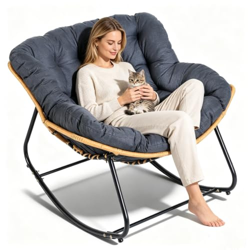 Klesmiun Oversized Wicker Egg Rocking Chair, 85x115cm with 5.9 in Detachable Plush Cushion, Steel Frame Supports 330 LBS, Anti-Tip All Weather Rattan Rocker for Patio Balcony Bedroom Living Room