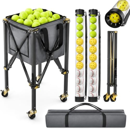 Chariot Pliable pour balles de Tennis et Pickleball avec roulettes, Panier 2 en 1, capacite 150 balles de Tennis ou 260 pickleballs, Tube de ramassage