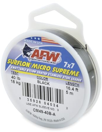 American Fishing Wire Surflon Micro Supreme, Nylon Coated 7x7 Stainless Steel Leader Wire, 40 lb Test, .024 Diameter, Black, 5 m