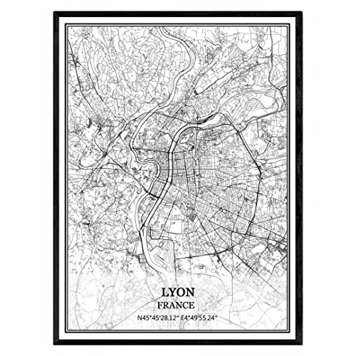 Lyon Frankrike karta väggkonst canvas tryck affisch konstverk oinramad modern svart och vit karta souvenir gåva heminredning 30 x 40 cm