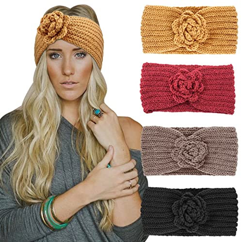 DRESHOW 4 Pack Womens Winter Ear Warmer Headband - Crochet Knit Turban Headband Chunky Cable Knit Headwrap
