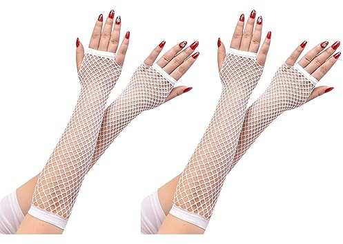 COSFAN 2 Pairs Fingerless Fishnet Gloves 80s Gloves for Women Stretchable Mesh Gloves Nylon Hollow Glove for Dance Halloween Party (White)