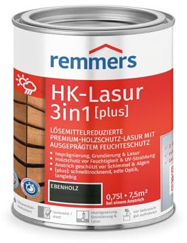 Remmers HK-Lasur 3 in 1 [plus] ebano, opaco, 0,75 litri, vernice protettiva per legno di alta qualità, 3 in 1, ad asciugatura rapida, durevole