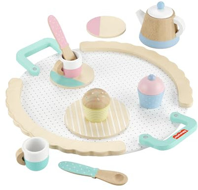 Fisher-Price Wood Pretend Play Toy Tea Set, 12-Piece Wooden Playset with Teapot, Cups & Saucers for Preschool Kids Age 3+ Years