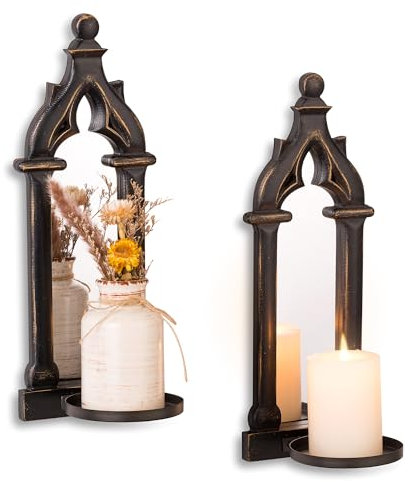 Wall Candle Holders Vintage Black - Walasis Wall Candle Sconces Mounted Set of 2 Gothic Decor Wooden Mirror decoration for Living Room Bathroom