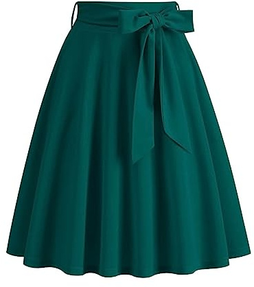 Jupe pour Femme Élégante Années 50 Jupe Trapèze Taille Elastique Jupe Plissée avec Ceinture Midi Jupe Evasée Chic Vintage Jupe Rockabilly A Ligne Rétro Classique (Green, S)