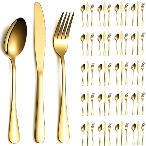 ReaNea Gold Cutlery Set 60 Pieces Service for 20, Stainless Steel Knives Spoon Forks Set for Wedding, Parties, Evens, Home, Gift for Thanksgiving, Christmas