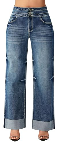 roswear Women's High Waisted Stretchy Wide Leg Jeans Cuffed Baggy Jeans Loose Denim Pants Light Blue Medium