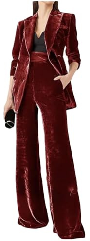 Ensemble de costume en velours à 2 pièces pour femme, pour le bureau, avec revers à double boutonnage, blazer et pantalon, ensemble de costume professionnel, Rouge, M