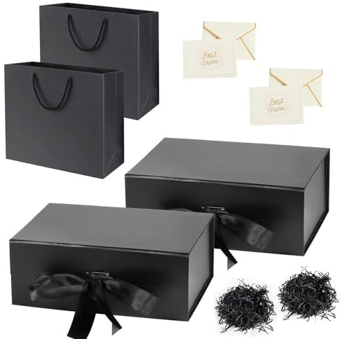 URHRHU 2Stk. Magnetische Geschenkschachtel 22 x 16,3 x 8,8 CM Faltbare Geschenkboxen Rechteckige Geschenkverpackung Geburtstag mit Grußkarten Magnetbox für Hochzeit Weihnachten Valentinstag (Schwarz)