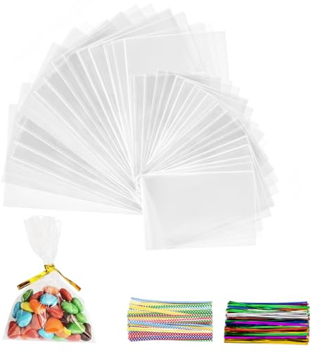 Lot de 400 sacs en cellophane transparents à remplir avec 400 bandes métalliques pour bonbons, biscuits, pain, fruits, etc. (25 x 15 cm + 10 x 15 cm)