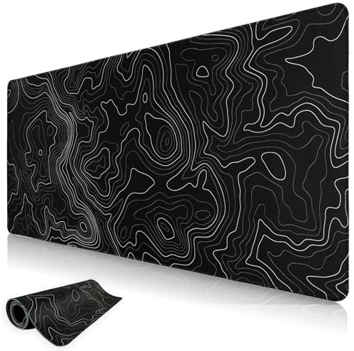 Niviy Grand Tapis de Souris XXL 1200X600mm Tapis Souris Gamer Ergonomique pour Bureau/Maison Base en Caoutchouc Antidérapante à Bords Cousus Noir Topographic