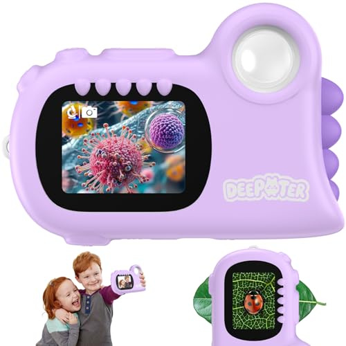 2 en 1 Microscopio Portátil para Niños, Deepoter 1080P Microscopios de Bolsillo, 1000X, 2.0 IPS, 8 Luces LED, Microscopio Portátil con Grabación de Fotos y Videos para Cumpleaños/Navidad, Púrpura