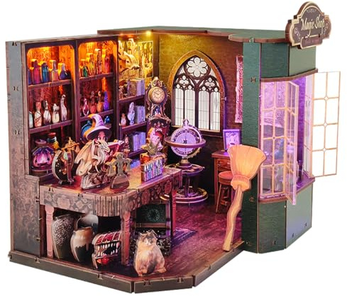 Nzkeuf 3D Book Nook Kit, Wooden 3D Puzzle with LED Lights, DIY Miniature House Building Kit, Magic Shop Bookend/Bookshelf Decor, Perfect for Adults & Teens and Gift