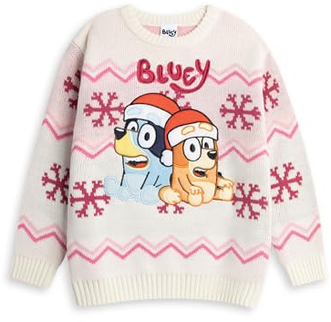 Bluey Bingo Girls Cream Pink Christmas Jumper | Long Sleeve Crew Neck Winter Wear | Cartoon Character Knitwear for Festive Season Merch - 5-6 Years