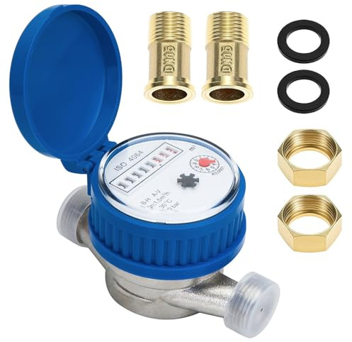 Nzkeuf 15mm Contador de Agua, 11/2 Pulgadas Medidor de Agua Fría Calibrado con Cubierta Protectora y Accesorios para el Hogar, Jardín, Uso Doméstico, con Puntero y Pantalla, 0-30 ℃