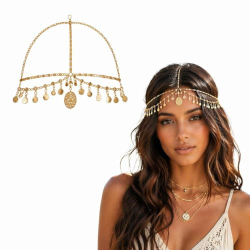 Gold Headpiece - Alloy Rhinestone Egyptian Forehead Chain Jewelry | gold head chain,rhinestone festival accessory,boho egyptian hair jewellery,womens costume jewelry,prom wedding hair chain