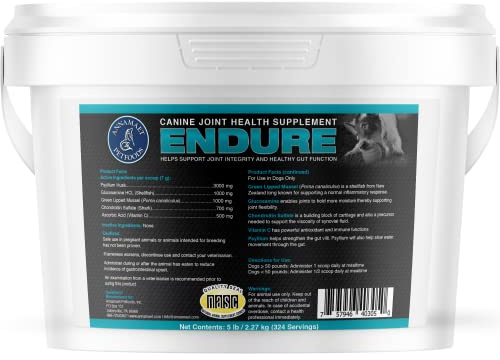 Annamaet Endure – Hip & Joint Powder Supplement for Dogs – with Glucosamine, Chondroitin and Green Lipped Mussel for Joint Support and Psyllium for Gut Health - 5 lb