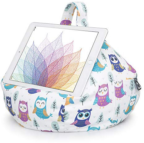 iBeani iPad and Tablet Cushion Stand - Bean Bag Holder For All Devices - Securely Holds at Any Angle on Any Surface - Handy Side Pocket - Range of Designs - Owls