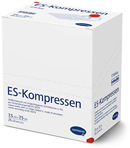 ES-KOMPRESSEN: Sterile Mullkompressen zur Wundreinigung & Wundabdeckung, sowie zum Auftragen von Salben, 7,5 x 7,5 cm, 8-fach, 17-fädig, 50 Stück