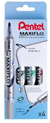 Pentel Maxiflo Pochette 4 Marqueurs tableau blanc Pointe conique moyenne Encre Noir, Bleu, Vert, Rouge