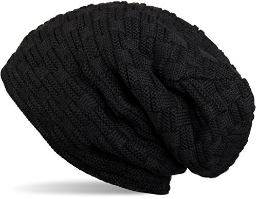 styleBREAKER Feinstrick Longbeanie Mütze mit Flecht Muster und warmem Fleece Innenfutter | Winter Strickmütze Unisex elastisch weich bequem warm, Farbe:Schwarz