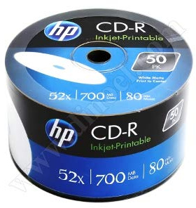 Spole med 50 HP CD-R80 helansikts bläckstråle utskrivbar 700 MB 52 X (50 stycken med 80 minuters inspelningsbara cd bulk förpackad spole)