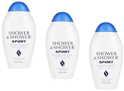 Shower to Shower Sport Body Powder for Men & Women, Talc Free, Sweat Absorbing, Prevents Chafing & Odor,Deodorizing All Over Body Powder for Long Lasting Freshness, 8 Ounce (Pack of 3)