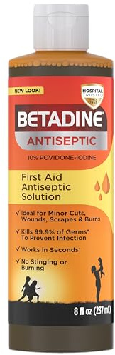 Betadine Antiseptic First Aid Solution, Povidone-Iodine 10%, Infection Protection, Kills Germs in Minor Cuts Scrapes and Burns, No Sting Promise, No Alcohol or Hydrogen Peroxide, 8 FL OZ