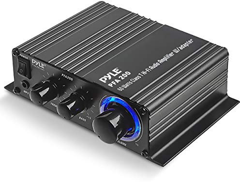Pyle Home Mini Audio Amplifier - 60W Portable Dual Channel Surround Sound HiFi Stereo Receiver w/ 12V AC Adapter, AUX, MIC IN, Supports Smart Phone, iPhone, iPod, MP3 For 2-8ohm Speakers - Pyle PFA200
