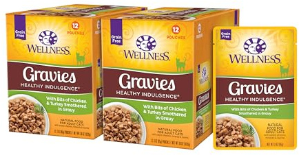 Wellness Healthy Indulgence Gravies Adult Wet Cat Food, Natural, Protein Rich, Grain Free, Chicken and Turkey Recipe, 3 oz, Pack of 24 Pouches