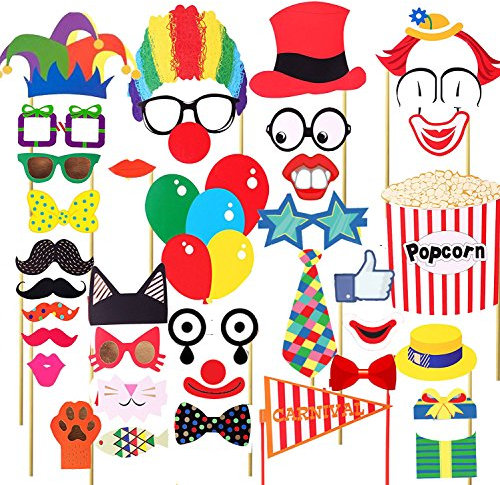 Veewon 36pcs lustige Partei Fotorequisiten DIY Installationssatz-rote Nasen-Zirkus-Clown-Cosplay-Fotographie-Stütze für Karnevals-Partei, Hochzeit, Geburtstag und Abschlussfeier