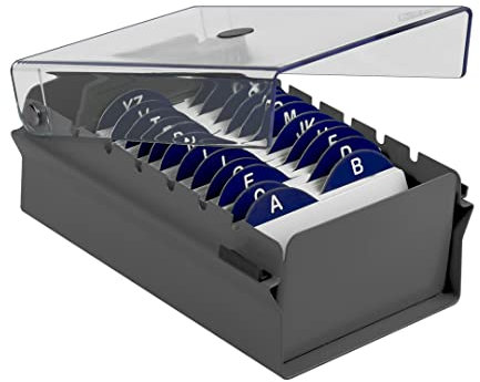 Acrimet Visitenkartenbox, Visitenkartenetui aus widerstandsfähigem Metall (Einschließlich Leitregister aus Karton A - Z mit 95mm breite x 68mm höhe) (Grau Farbe mit Kristallklarer Kunststoffdeckel)