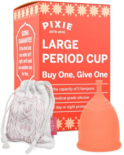 Pixie Menstrual Cup - No Metals or Toxins - 100% Medical-Grade Silicone - Ranked 1 for The Most Soft Reusable Period Cup - Wear 12 Hours - Tampon Alternative - Buy One We Give One (Coral, Large)