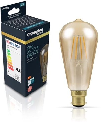 Crompton Lamps Filament ST64 LED Light Bulb BC-B22d | 7W = 50W Equivalent | Extra Warm White 2200K | Energy Efficient | Bayonet Lightbulb | Long Life 10,000-Hrs | Antique Bronze Glass | Dimmable