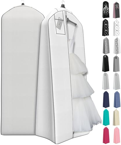 Your Bags 72” Wedding Dress Garment Bag with 20 Gusset & ID Window - Extra Large Bridal Garment Bags for Travel - Breathable, Foldable Dress Bag for Puffy Dresses, Prom & Formal Wear (White/Grey)