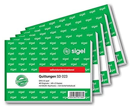 SIGEL SD023/5 Quittungsblock A6 quer, 5 Stück, 3x40 Blatt, selbstdurchschreibend, mikroperforiert, aus nachhaltigem Papier