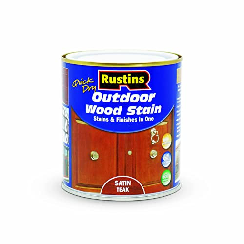 Rustins Quick Dry Outdoor Wood Stain Satin Teak 500ml- Durable and Weather-Resistant Finish, Fast Drying, Vibrant Color for Decks, Fences, & Furniture, Available in Many Wood Shades