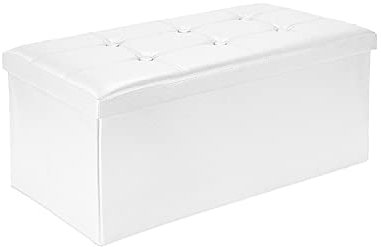 Todeco - Banc Pliant, Ottoman avec Espace de Stockage - Charge maximale: 150 kg - Matériau: Simili-Cuir - Finition piquée et capitonnée, 76 x 38 x 38 cm, Blanc