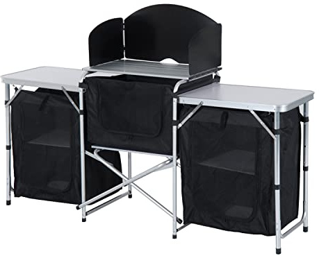 Outsunny Camping Kitchen Table, Aluminum Portable Outdoor Cooking Table, Fold-Up Cook Station with Windscreen and 3 Enclosed Cupboards for BBQ, Party, Picnics, Backyards