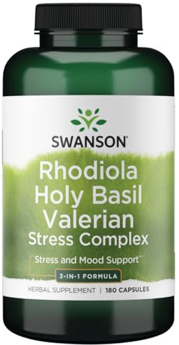 Swanson Rhodiola Holy Basil Valerian Stress Complex 225/225/225 Stress Wellbeing Relaxation Support Milligrams 180 Capsules